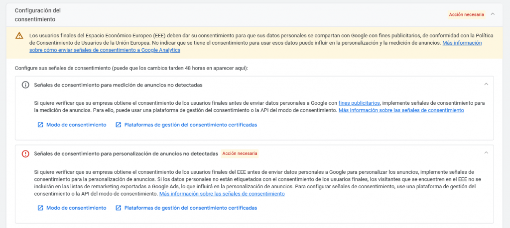 Google Analytics 4 Señales de consentimiento para personalización de anuncios no detectadas